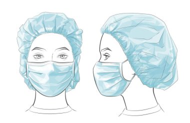 Vektör illüstrasyon Kadın tek kullanımlık tıbbi cerrahi maske takıyor.