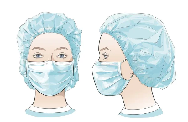 Ilustracja wektora Kobieta nosząca jednorazową medyczną maskę chirurgiczną twarzy. — Wektor stockowy