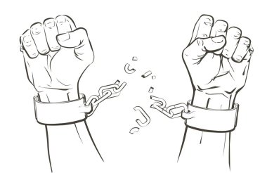 hands breaking steel shackles chain. Sketch vector clipart