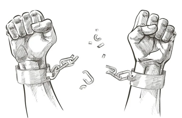 Ręce łamiące stalowy łańcuch. Wektor szkicowy — Wektor stockowy