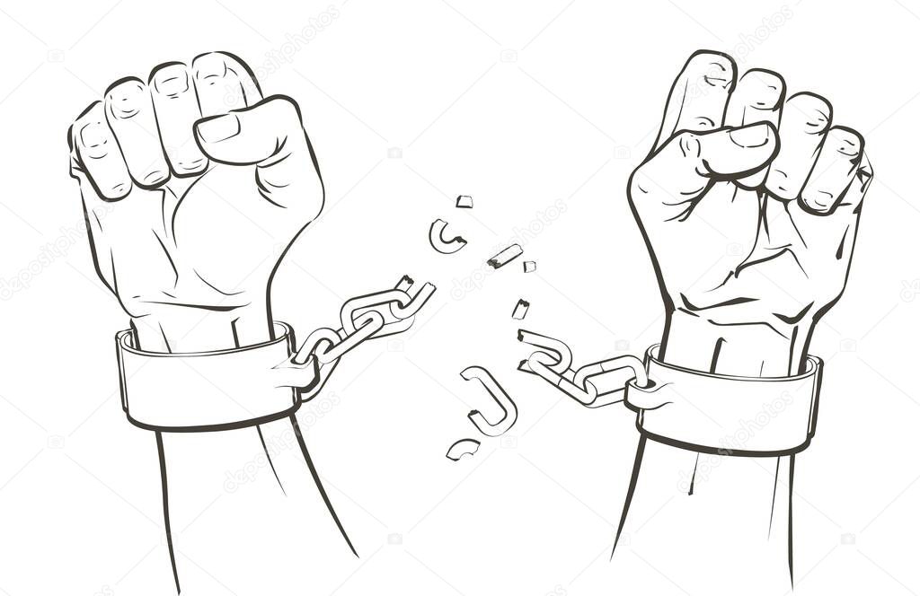 hands breaking steel shackles chain. Sketch vector