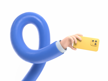 Üç boyutlu çizgi film karakteri. Elinde bir telefon.