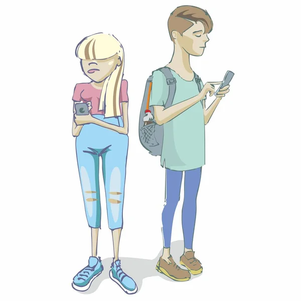 karikatür illüstrasyon, genç bir adam ve bir kız bir cep telefonu üzerinden sohbet