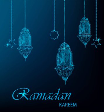 Ramazan Kareem tebrik kartı geleneksel Arapça fenerler ve yıldız asma. Poligonal sanat mavi zemin üzerine. Eid Mubarak için kullanılabilir. Hisse senedi vektör