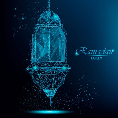 Ramazan Kareem tebrik kartı ile geleneksel Arapça fener. Poligonal kırma fener ayrı uçan parçalar ile. Eid Mubarak için kullanılabilir. Mavi arka plan üzerinde hisse senedi vektör.