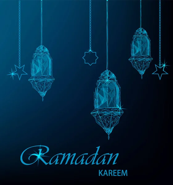 Tarjeta Felicitación Ramadán Kareem Con Faroles Estrellas Árabes Tradicionales Colgantes — Vector de stock