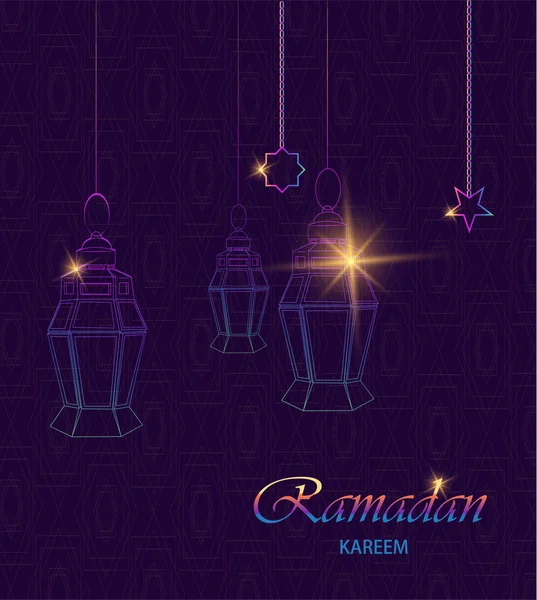 伝統的なアラビアのレインボー ランタンと星をぶら下げラマダンカリーム グリーティング カード 暗い紫色の背景に多角形の芸術 イード ムバラクが可能です 株式ベクトル — ストックベクタ