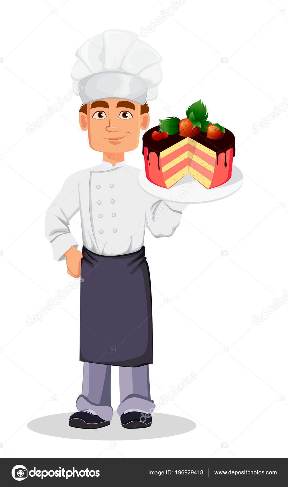 Bonito Padeiro Profissional Uniforme Chef Chap U Segurando Bolo Com Bonito Padeiro Profissional Uniforme Chef Chap U Segurando Bolo Com
