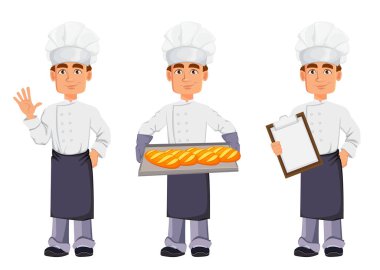Profesyonel üniforma ve chef şapka, yakışıklı baker üç pozlar ayarlayın. El sallayarak, somun tepsi üzerinde tutarak ve Pano holding neşeli çizgi film karakteri. Vektör çizim 