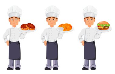 Profesyonel üniforma ve chef şapka, yakışıklı baker üç pozlar ayarlayın. Çörek holding, kruvasan holding ve çizburger holding neşeli çizgi film karakteri. Vektör çizim
