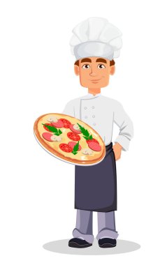 Profesyonel üniformalı yakışıklı baker ve Şef holding lezzetli pizza şapka. Neşeli çizgi film karakteri. Beyaz arka plan üzerinde vektör çizim.
