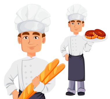 Profesyonel üniformalı yakışıklı baker ve chef şapka, ayarlayın. Baget tutarak ve donuts holding neşeli çizgi film karakteri. Beyaz arka plan üzerinde vektör çizim.
