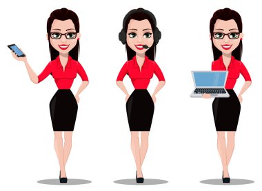 Seksi Sekreter, üç pozlar ayarla. Kulaklık ve holding laptop giyen güzel office Yardımcısı office stili kıyafetler smartphone, holding. Vektör çizim