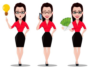Seksi Sekreter, üç pozlar ayarla. Güzel office Yardımcısı, telefonla konuşmak ve zarf para ile tutarak iyi bir fikir sahip ofis tarzı giysiler içinde. Vektör çizim