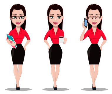 Seksi Sekreter, üç pozlar ayarla. Güzel office Yardımcısı belgeleri holding, sıcak içecek bir fincan holding ve telefonla konuşurken office tarzı giysiler içinde. Vektör çizim