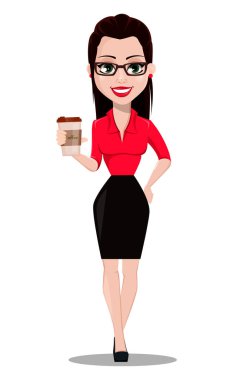 Seksi Sekreter. Güzel office Yardımcısı kahve tutarak Ofis tarzı giysiler içinde. Beyaz arka plan üzerinde vektör çizim