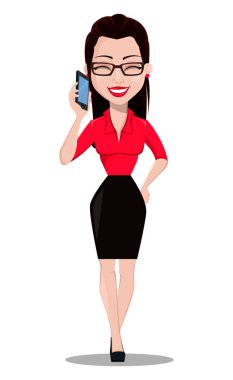 Seksi Sekreter. Güzel office Yardımcısı office stili kıyafetler smartphone ile konuşuyor. Beyaz arka plan üzerinde vektör çizim