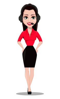 Seksi Sekreter. Güzel office Yardımcısı office tarzı giysiler bir kulaklık takıyor. Beyaz arka plan üzerinde vektör çizim