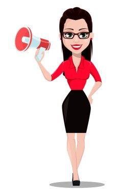 Seksi Sekreter. Güzel office Yardımcısı hoparlör tutarak Ofis tarzı giysiler içinde. Beyaz arka plan üzerinde vektör çizim