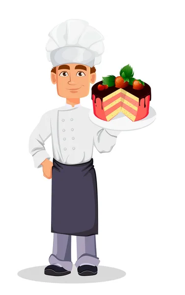 Guapo Panadero Uniforme Profesional Sombrero Chef Sosteniendo Pastel Con Chocolate — Vector de stock