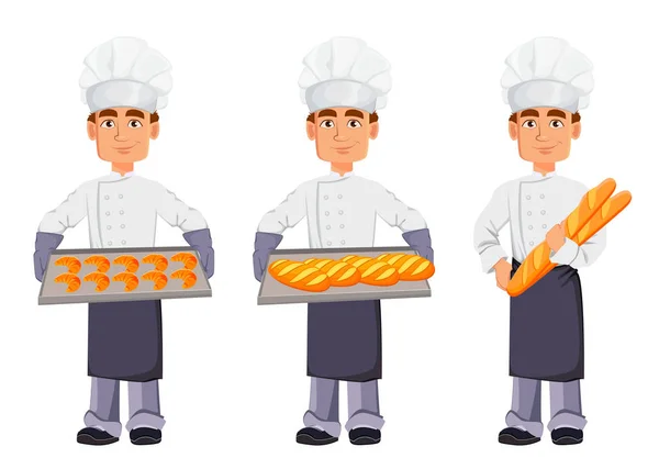 ขนมป งหล อในเคร องแบบม ออาช พและหมวกเชฟช ดสามโพส วการ ความส Croissants — ภาพเวกเตอร์สต็อก