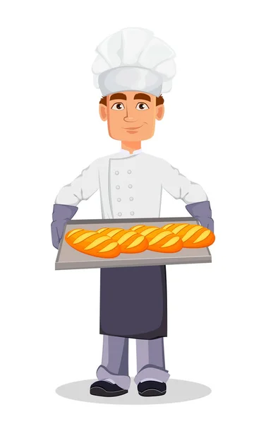 Beau Boulanger Uniforme Professionnel Chapeau Chef Tenant Plaque Cuisson Avec — Image vectorielle