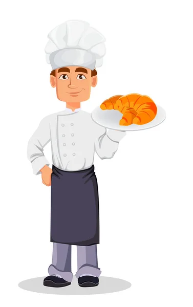 英俊的贝克在专业制服和厨师帽举行新鲜的面包 欢快的卡通人物 白色背景上的矢量插图 — 图库矢量图片