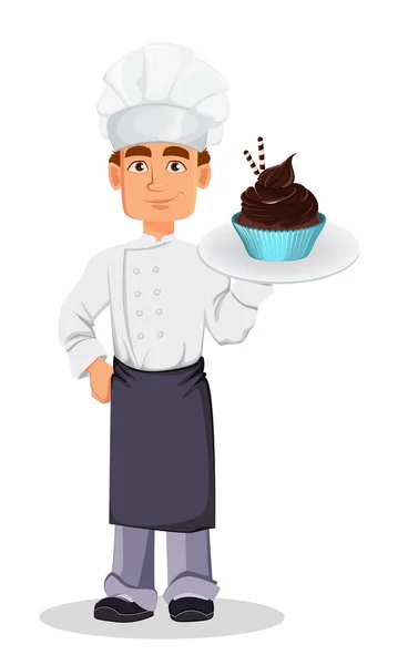 접시에 초콜릿 케이크를 유니폼와 요리사 모자에 잘생긴 베이커 캐릭터입니다 배경에서 — 스톡 벡터