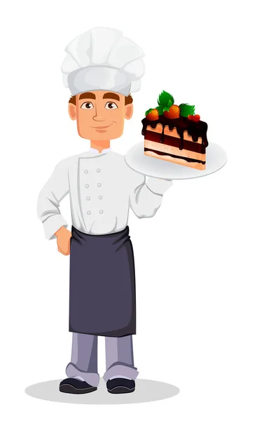英俊的贝克穿着专业制服和厨师帽 在盘子里拿着一块蛋糕 欢快的卡通人物 白色背景上的矢量插图 — 图库矢量图片