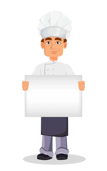 Beau Boulanger Uniforme Professionnel Chapeau Chef Tenant Une Pancarte Vierge — Image vectorielle