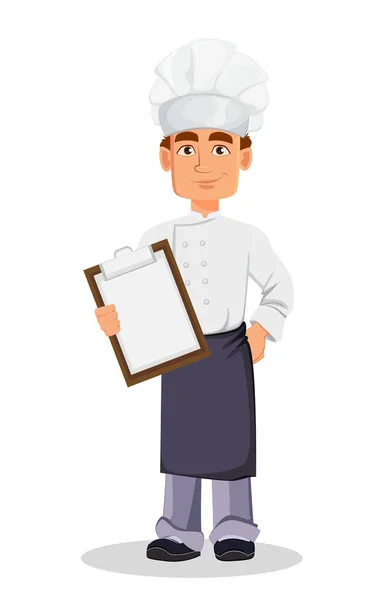 英俊的贝克在专业制服和厨师帽持有剪贴板 欢快的卡通人物 白色背景上的矢量插图 — 图库矢量图片