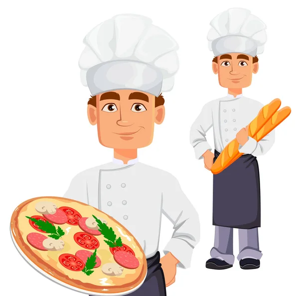 Profesyonel Üniformalı Yakışıklı Baker Chef Şapka Ayarlayın Pizza Tutarak Baget — Stok Vektör