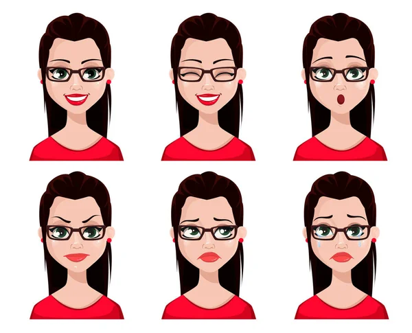 Expresiones Faciales Secretaria Sexy Diferentes Emociones Femeninas Hermoso Personaje Dibujos — Vector de stock