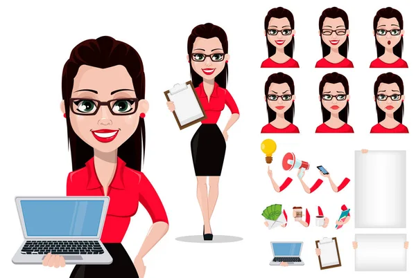 Sexy Secretaresse Cartoon Tekenset Creatie Pack Van Lichaamsdelen Emoties Dingen — Stockvector