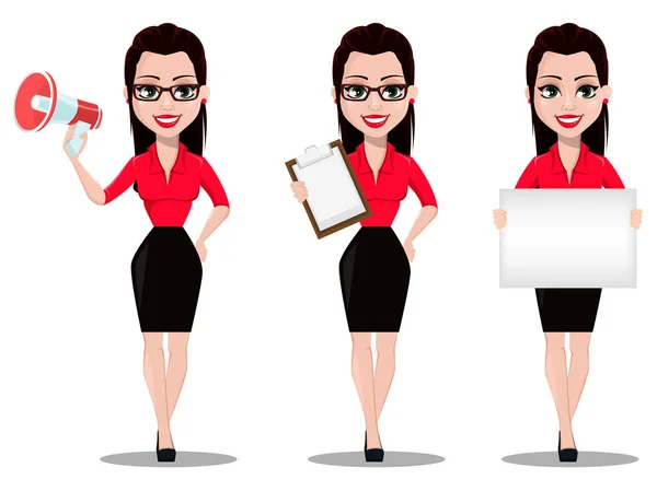 Secretaria Sexy Conjunto Tres Poses Hermoso Asistente Oficina Ropa Estilo — Vector de stock