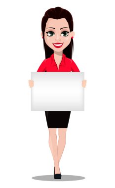 Seksi Sekreter. Güzel office Yardımcısı boş afişini tutarak Ofis tarzı giysiler içinde. Beyaz arka plan üzerinde vektör çizim