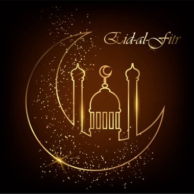 Eid Al bayramı tebrik kartı hattı Camii kubbe, ay ve altın kum ile. EID mübarek. Vektör çizim siyah arka plan üzerine. 