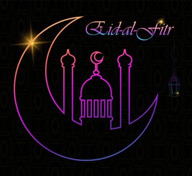 Eid Al bayramı tebrik kartı hattı Camii kubbe, ay ve fener ile. EID mübarek. Vektör çizim siyah arka plan üzerine. 