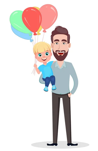 快乐的父亲节贺卡 海报或横幅 英俊的父亲抱着他的儿子热气球 白色背景上的矢量插图 — 图库矢量图片