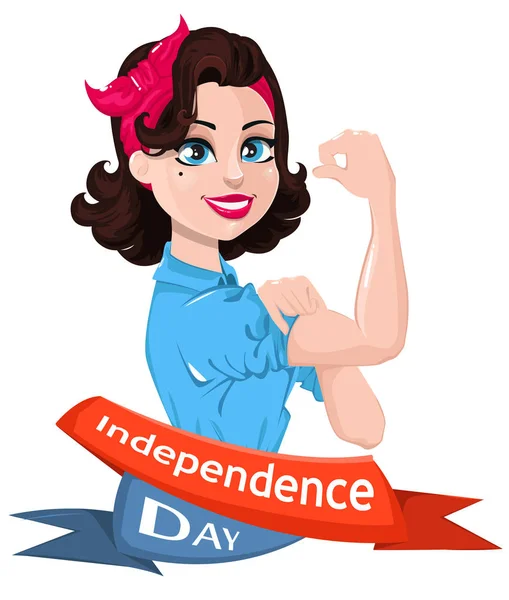 Šťastný Den Nezávislosti Vlastenecké Žena Kreslená Postavička Pro Pohlednici Plakát — Stockový vektor