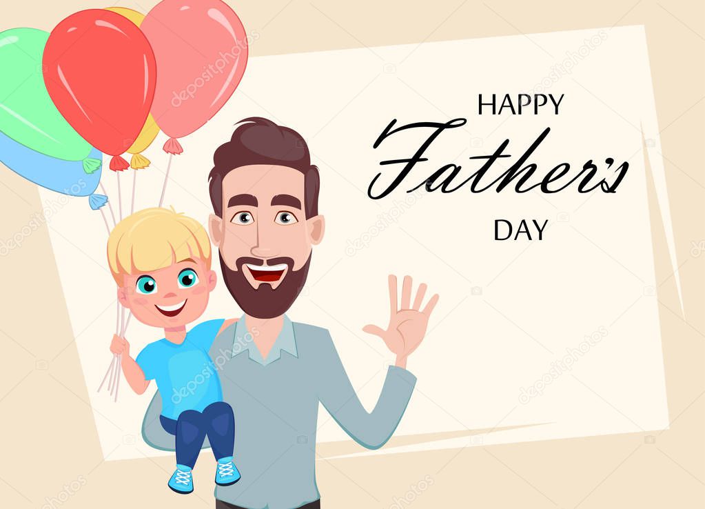 Happy Fathers Day greeting card, flyer, poster or banner. Handsome father holding his son with air balloons. Vector illustration on abstract background
