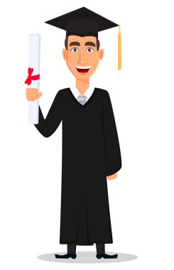 Öğrenci mezuniyet. Yakışıklı adam, çizgi film karakteri holding diploma. Beyaz arka plan üzerinde izole vektör çizim.
