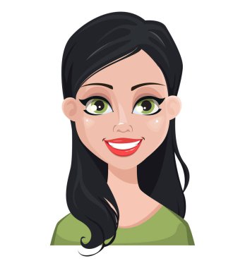 Yeşil bluz güzel esmer kadının yüz ifadesi. Kadın duygular. Gülümseyen çizgi film karakteri. Beyaz arka plan üzerinde izole vektör çizim.