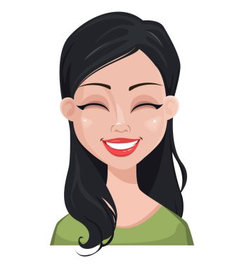 Yeşil bluz güzel esmer kadının yüz ifadesi. Kadın duygular. Çizgi film karakteri gülüyor. Beyaz arka plan üzerinde izole vektör çizim.