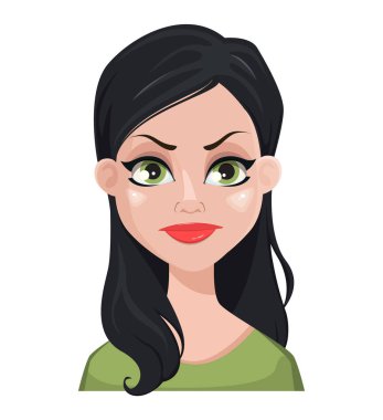 Yeşil bluz güzel esmer kadının yüz ifadesi. Kadın duygular. Kızgın çizgi film karakteri. Beyaz arka plan üzerinde izole vektör çizim.