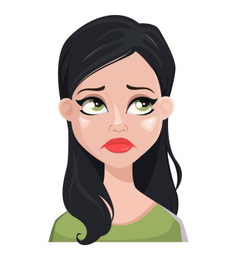 Yeşil bluz güzel esmer kadının yüz ifadesi. Kadın duygular. Hayal kırıklığına çizgi film karakteri. Beyaz arka plan üzerinde izole vektör çizim.