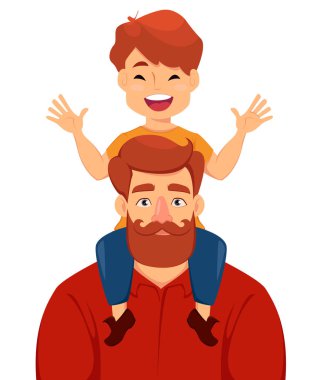 Mutlu babalar günü tebrik kartı, el ilanı, posteri veya başlığı. Neşeli oğul babasının omuzlarında oturur. Beyaz arka plan üzerinde vektör çizim