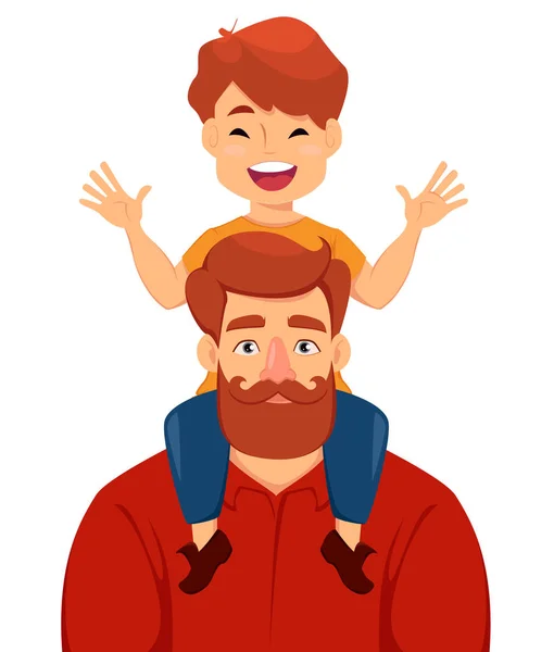 快乐的父亲节贺卡 海报或横幅 开朗的儿子坐在父亲的肩上 白色背景上的矢量插图 — 图库矢量图片
