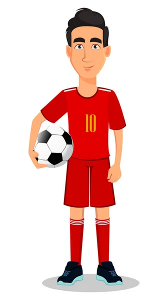 Football Speler Het Rode Uniform Knappe Stripfiguur Voetbal Hand Houden — Stockvector
