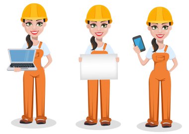 Üniformalı, çizgi film karakteri güzel kadın Oluşturucusu ayarlayın. Profesyonel inşaat işçisi. Gülümseyen Repairer kadın dizüstü bilgisayar ile boş tasarlamak ve smartphone ile. Vektör çizim